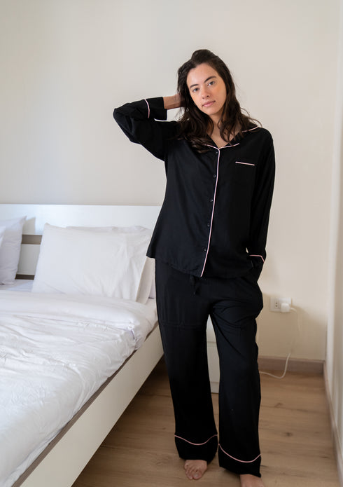 Women Summer Pajama Set Black buttoned shirt + Pants